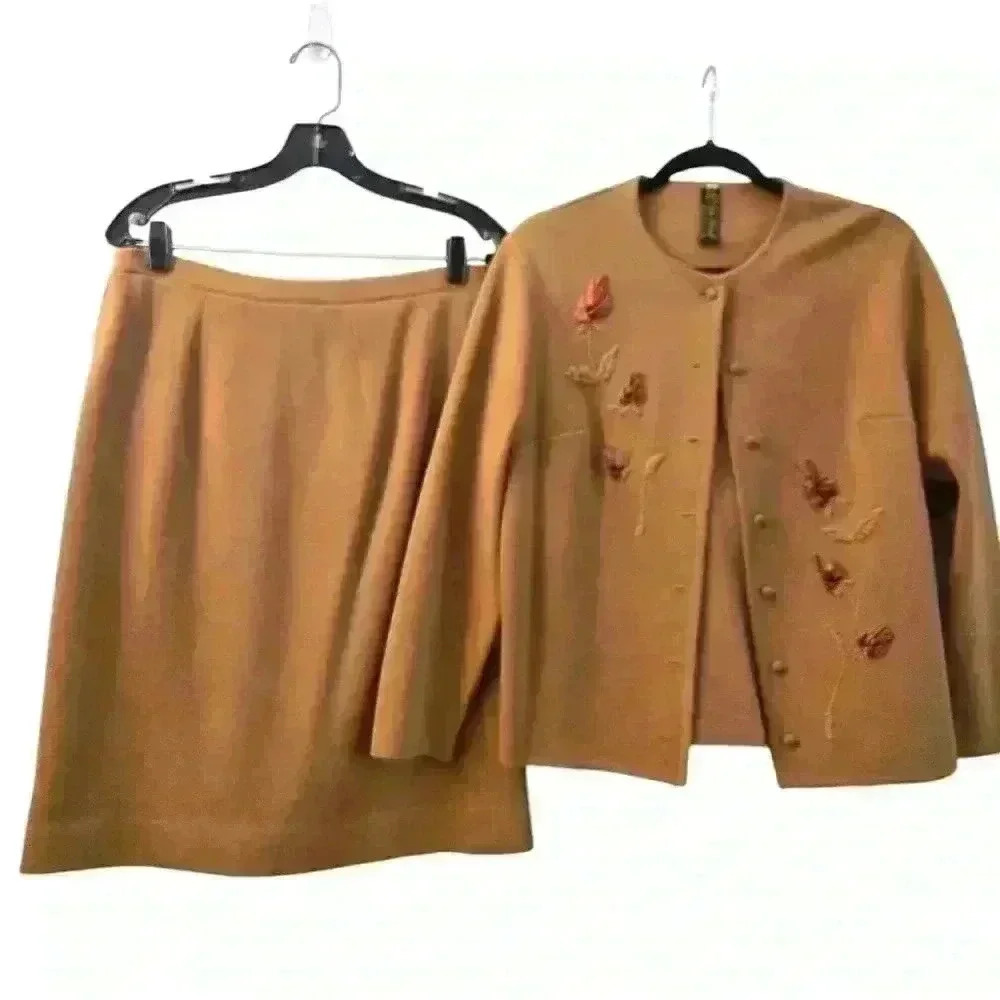 Vintage Women Knitted Blouse And Skirt 100% Wool Custom-Made In Vienna Sz44eu